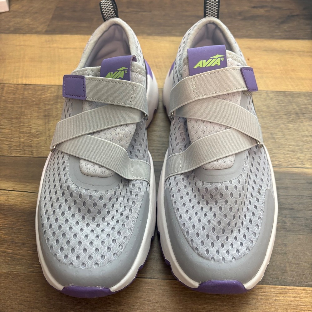 Avia Womens Size 8 Memory Foam Slip On Sneakers Gray Purple Mesh Strappy
